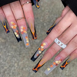 Fall Press on Nails Extra Long Matte Full Cover Acrylic Nails Autumn Maple Leaf Flame Pattern Fake Nails Square Fall Coffin Glue on Nails Artificial False Nails with Glue for Women Girls 24Pcs