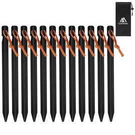 Flintronic 12PCS Alloy Tent Pegs,18cm Heavy Duty Metal Tent Pegs with Reflective Rope Rust, Triangular Camping Pegs, Suitable for Outdoor Grassland Travelling Camping Hiking (Black)