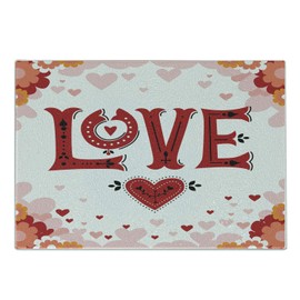 Ambesonne Vintage Valentine Cutting Board, Love Typography with Pastel Hearts and Flowers, Decorative Tempered Glass Cutting and Serving Board, Small Size, Red White