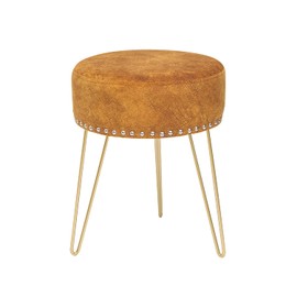 Adeco Round Brown Vanity Stool Chair, Upholstered Makeup Foot Stool Rest Ottoman with Gold Metal Legs for Makeup Room, Living Room