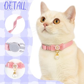 Cat Collar Breakaway, Adjustable Cute Cotton Kitten Collar with Pearl Pendant Fashion Comfortable Cats Collars with Safety Buckle for Girl Cat(Pink)