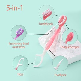JOUGE Mini Disposable Toothbrushes with Toothpaste 5 in 1 Travel Portable Toothbrush with Toothpaste + Tongue Scraper + Picks+Floss Travel Case (Mint, 26)