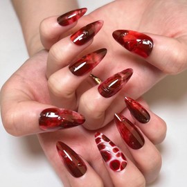 BABALAL Press on Nails Medium Almond Fake Nails Dark Red Black Glue on Nails Goth Punk 3D Water Texture Design Acrylic Nails Stiletto False Nails 24Pcs