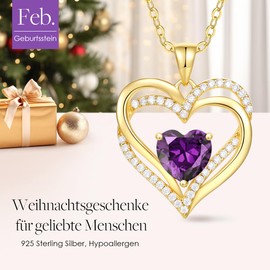 CDE Women's Heart Necklace 925 Sterling Silver Birthstone Necklaces Jewellery Heart Pendant Christmas Valentine's Day Mother's Day Gift Wedding Anniversary Birthday Wife Girlfriend Mum, Cubic