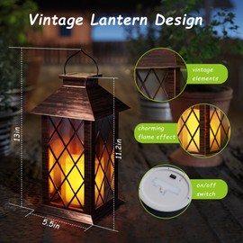 AFINETH Outdoor Solar Lanterns, Waterproof Hanging Lantern with LED Flickering Flameless Candle, 13'' Bronze Outdoor Solar Powered Lantern Decor for Porch Patio Garden Balcony Pathway, 2 Pack