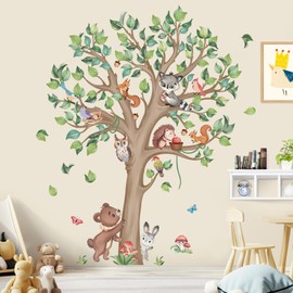 wondever Large Woodland Tree Animals Wall Stickers Forest Tree Bear Owl Peel and Stick Wall Art Decals for Baby Nursery Kids Bedroom Living Room (H:135cm)
