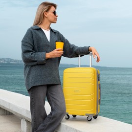 LARVENDER 3-Piece Carry On Luggage for Women,Hard Shell Suitcase 20Inch Carry On Luggage 22x14x9 Airline Approved, Spinner Wheel and TSA Lock（Yellow 20Inch/DB/TB）