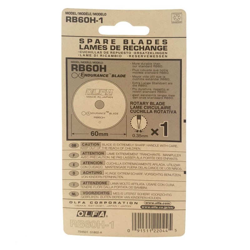 OLFA 60mm Rotary Cutter Replacement Blade, 1 Blade (RB60H-1) -