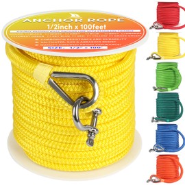VEITHI Boat Anchor Rope 100 ft x 1/2 inch Yellow, Double Braided Anchor Line with Stainless Steel Thimble & Shackle, Marine Rope Ideal for Towing,Mooring,Decks,Anchoring,for Boats Up to 35'