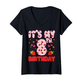 Womens Kids 8 Year Old Strawberry Birthday Girl Sweet Fruit 8th V-Neck T-Shirt