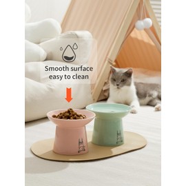 Extra Wide Elevated Ceramic Cat Bowls, 6.5 Inch Raised Pet Bowl Set for Food & Water, Whisker Fatigue Shallow Food Dish for Elder Big Cats Small Dogs, Set of 2, Green & Pink