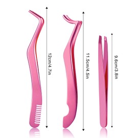 3pcs Eyelash Applicator Tool, Lash Tweezers for Cluster Lashes, Stainless Steel Lash Extension Tweezers Lash Clip for Girls Women Beginners (Pink)
