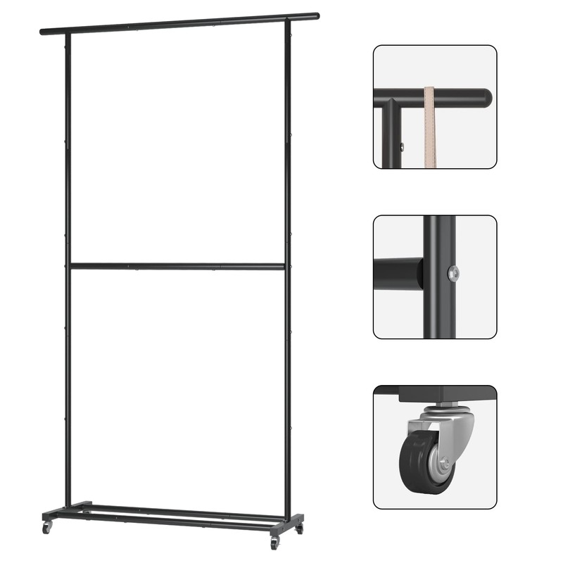 Sywhitta Double Rod Clothing Garment Rack, Rolling Clothes Organizer on