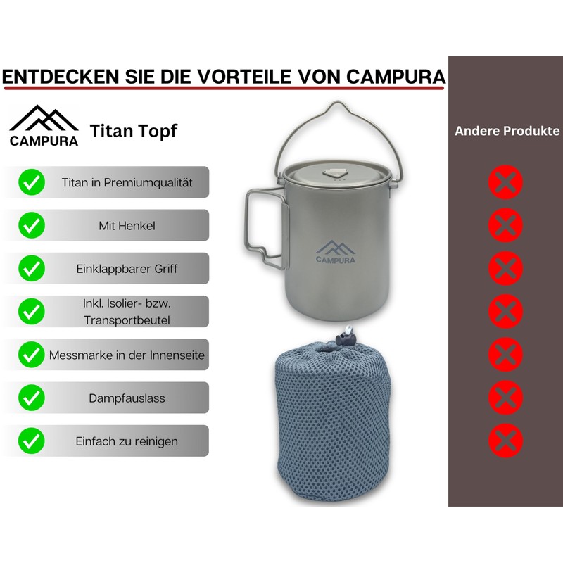 Campura Titanium Pot - 750 ml, Lightweight & Compact, Outdoor,