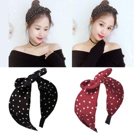 FXQHAN Bow Headbands for Girls Women White Polka Dot Turban Cute Headwrap with Bunny Ears Party Cosplay Hair Accessories, 2 Pcs (2pcs Black+Red)
