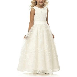 A line Wedding Pageant Lace Flower Girl Dress with Belt 2-12 Year Old (Size 6, Ivory)