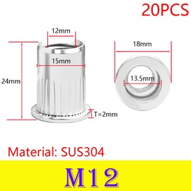 Qrity 20 PCS Rivet Nut, Stainless Steel Flat Head Threaded Insert Nutsert Kit, M12 Fasteners Nut