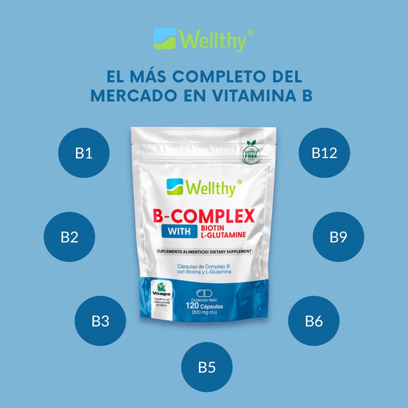Wellthy Complejo B 200 Cápsulas. Reforzado con Biotina y Glutamina.