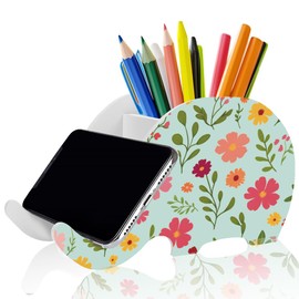 ORIGACH Elephant Shape Pencil Holder With Phone Stand Pen Pencil Holders for Desk Office Decor Accessories with Phone Stand Marker Brush Holders Desk Organizer, Flowers