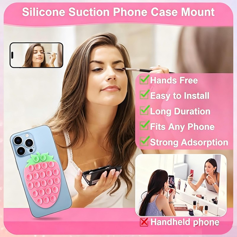 Silicone Phone Grip with Strong Suction, Strawberry Design, Pink Green