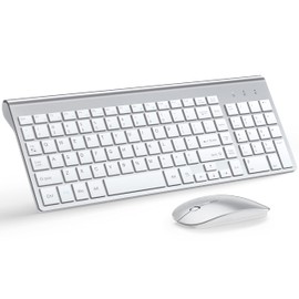 Wireless Keyboard and Mouse Ultra Slim Combo, TopMate 2.4G Silent Compact USB Mouse and Scissor Switch Keyboard Set with Cover, 2 AA and 2 AAA Batteries, for PC/Laptop/Windows - Silver White