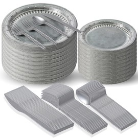 Jingmore 125 Pcs Silver Medieval Party Supplies Knight Festive Castle Party Tableware Accessories Pirate Birthday Party Disposable Paper Pewter Tableware Set Paper Plates Forks Spoons Knives