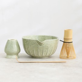 Matcha Whisk Set, Japanese Tea Set Includes Matcha Bowl with Spout, Matcha Whisk Holder (Chasen), Bamboo Whisk and Scoop, 17 oz Mottled Tea Green Glaze with Veritical Pattern Matcha Kit