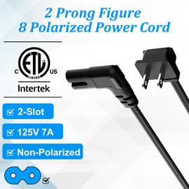 2-Slot Non-Polarized Right Angle Power Cord 10 FT, NEMA 1-15P to IEC C7 90 Degree AC Power Cable, Universal (Figure 8) Power Supply Cable, Black Cable, with 25 Pcs Cable Ties