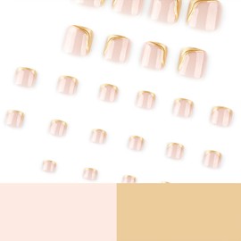 Tyuimhx Gold French Tip Press on Toenails Square Fake Toe Nail with 3D Gold Stripe Designs Full Cover False Toenails Acrylic Glue on Toe Nail Artificial Stick on Toe Nail for Women 24 Pcs