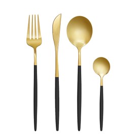 LYFJXX Gold Black Silverware Set, 24 pcs Gold Flatware Set for 6, Black and Gold Flatware, Stainless Steel Silverware Set,Kitchen Cutlery Sets, Include Knives/Forks/Spoons Gold/Black