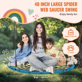 Happybuy Spider Web Saucer Swing, 40 Inch Round Swing for Kids, 750lbs Capacity, Woven Rope Swing Seat with Adjustable Multi-Strand Ropes & Tree Hanging Straps, Outdoor Play