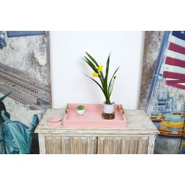 Juleduo Serving Tray 16.5“X 13“Deluxe Wooden Ottoman Tray for Coffee Table with Polished Gold Metal Handles and 4 Coasters, Living Room Bathroom Coffee Bar Organizer Modern Decorative Pink Tray