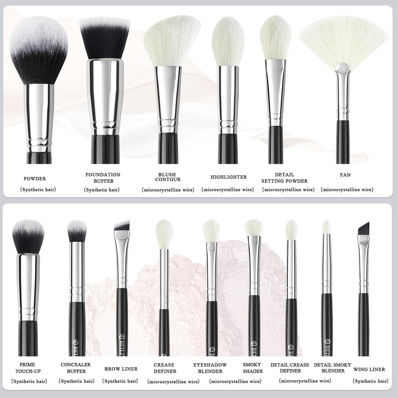 BEILI 15pcs Makeup Brush Set Professional Makeup Brushes Foundation Powder