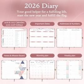 2026 Diary - 2026 Diary A5 Week to view from January to December 2026, DIARY with Pen loop, 2 Book Marks, Elastic strap and Back Pocket - PINK