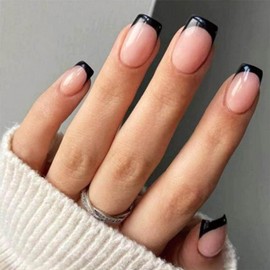 Black French Tip Press on Nails Short Medium Fake Nails Nude Full Cover Glue on Nails Acrylic Nails Press ons Square Stick on Nails for Women Girls Manicure 24 Pcs