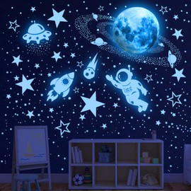 AZ-FRONT Glow in the Dark Stickers, Space Theme Set, Star, Moon, Spaceship Design, Kids Room Wall Decor, Many Pieces