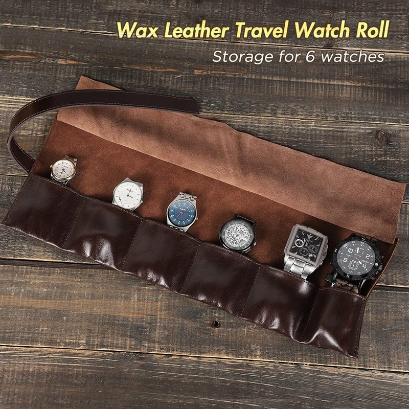 CONTACT'S FAMILY for 6 Watch Roll Strap Leather Portable Travel