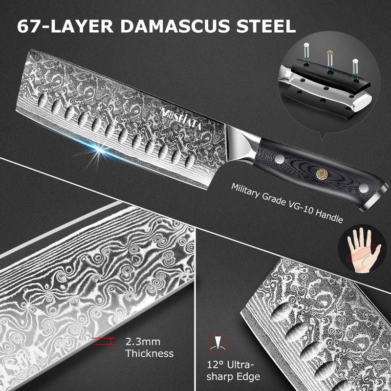 MOSFiATA 7'Nakiri Knife Damascus Professional Sharpe Chef Knife， Kitchen Knifed