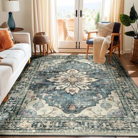 RELEANY Area Rugs 5'x7' Washable Non-Slip, Floral Vintage Distress Print Pattern Medallion Carpet for Living Room Bedroom Dining Room, Dark Blue Vintage