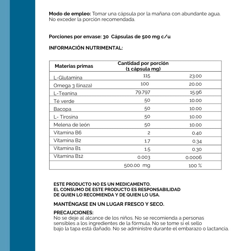 INNER | F-CUS | L-Glutamina, Bacopa, L-Tirosina, Complejo B |
