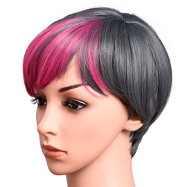 Short Hair Wig 100% Kanekalon Fiber Cosplay Daily Party Colorful Synthetic Wig for Women 6 inches (GRAY/PINK)