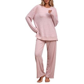 Famulily Wide Leg Loungewear Sets for Women UK, Ladies Pjs Leisure Suits Nightwear 2 Piece Outfits Matching Pyjamas Bottoms and Loose Fit Tops (L, Pink)