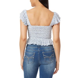 WallFlower Women's Brandy Ruffle Strap Smocked Rayon Challis Top, Bright White Ditsy Floral