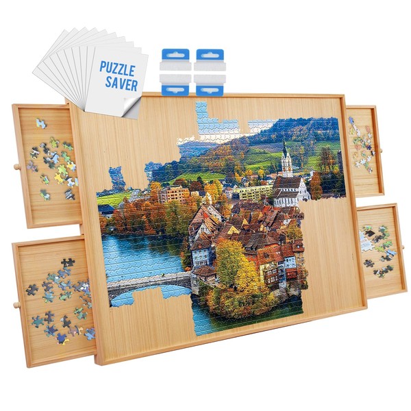 1500 Piece Wooden Jigsaw Puzzle Table - 4 Drawers and Cover, 34" X 26.1" Puzzle Board | Jigsaw Puzzle Board | Puzzle Cover & Hangers & Glue Included | Portable Puzzle Table for Adults and Kids