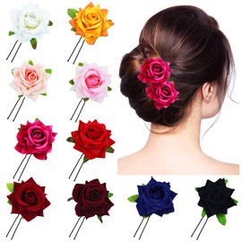 Lawie 10 Pack Colorful Wedding Bridal Red Rose Flower Hair Pins U-shaped Floral Hair Clips Formal Prom Party Decorative Bobby Pins Hair Accessories for Women Girls Brides Bridesmaids (Multi Colors)