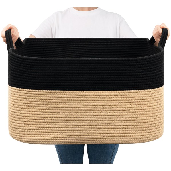 Goodpick Woven Baskets for Storage, 65L Rectangle Cotton Rope Basket with Handle Large Toy Storage Basket for Baby, Kids, Blanket Basket for Living Room, Bedroom, Laundry, 21.6" x 14.9" x 11.8"
