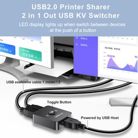 USB Printer Sharing KVM Switch. Share one printer between two devices with automatic switching, no drivers needed. Support keyboard, mouse, and scanner sharing. Includes 2 USB printer cables (1 meter)