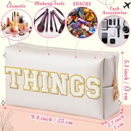 Y1tvei Large THINGS Cosmetic Bag - Preppy White Things Chenille Varsity Letter Makeup Bag, Leather Waterproof Toiletry Bag Zipper Pouch for Purse Travel Cosmetic Organizer Gift for Women(Shell Gold)