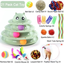 21 Pack Cat Toys Interactive for Indoor Cats Kitten Toy Fun Roller 3 Level Cat Teaser Ball Toy with Colourful Balls Kitty Toy for Boredom (Green)