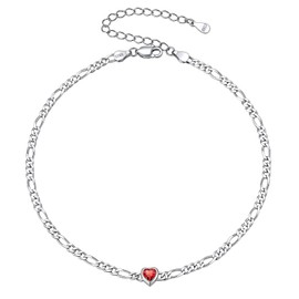 ChicSilver Heart Anklet for Women 925 Silver Figaro Chain Anklet, Also as a Bracelet, Boho Anklet with Birthstone for Beach, Foot Jewellery with Gift Box for Valentine's Day, Birthday, Mother's Day,